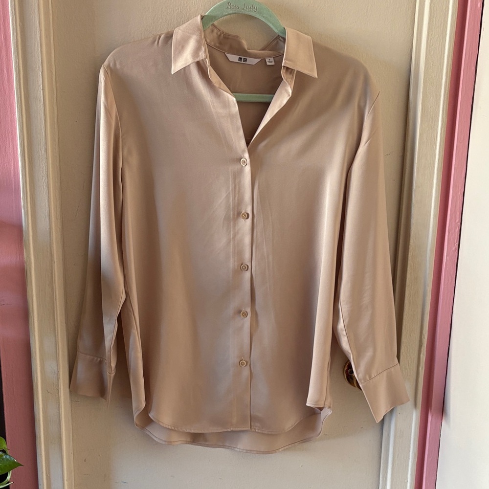 Uniqlo Champagne Satin V-Neck Button Down Blouse